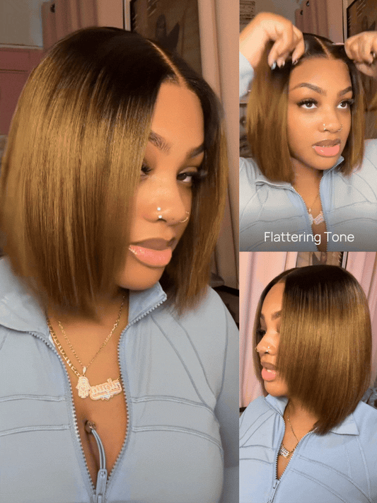 7x5 Chestnut Brown Ombre Yaki Straight Bob Wig Pre-Bleached Natural Looking Glueless Wig