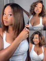 7x5 Chestnut Brown Ombre Yaki Straight Bob Wig Pre-Bleached Natural Looking Glueless Wig