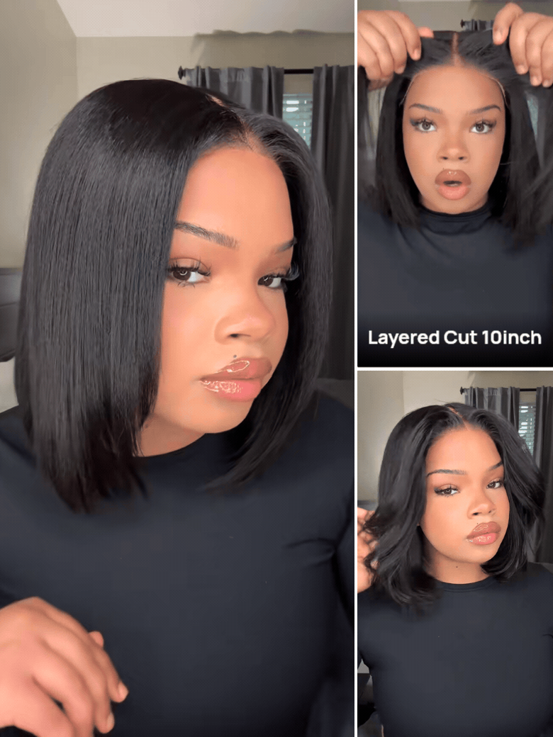 Layered short Yaki straight bob wig