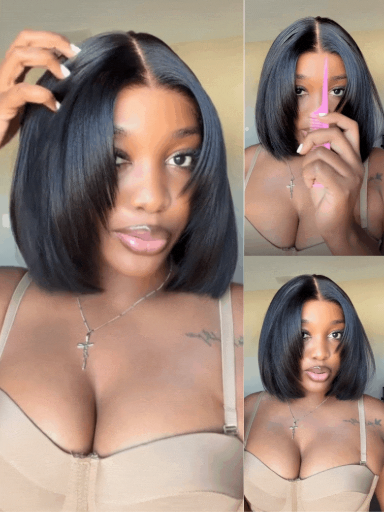 Short Yaki straight human hair bob wig movement