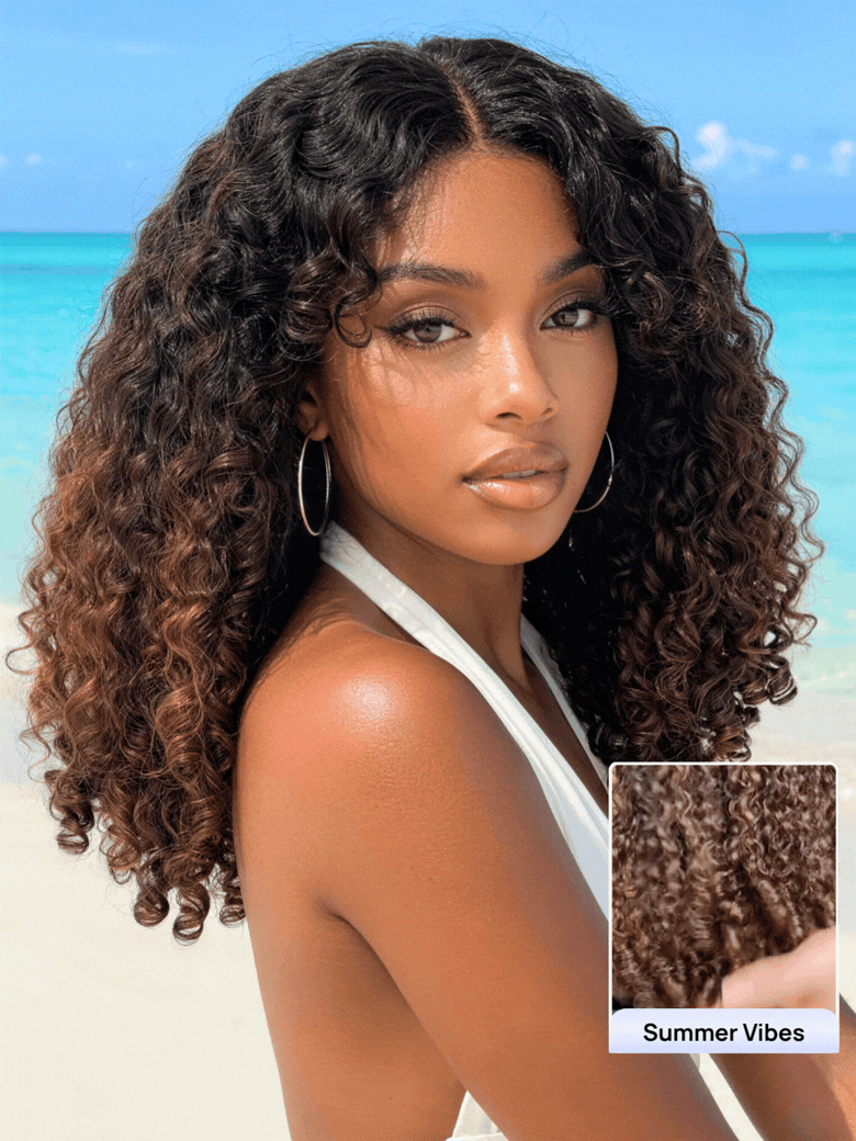 Chestnut brown ombre Burmese curly glueless wig