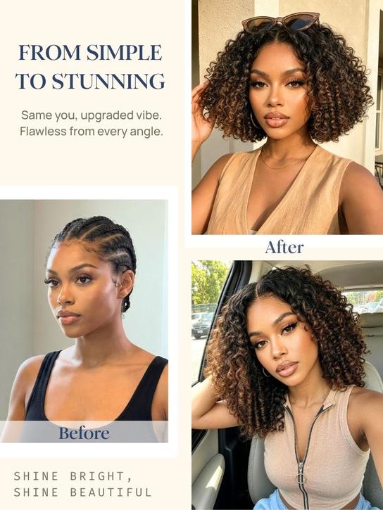 Before and after Burmese curly wig transformation