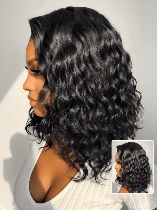 Ready to Wear Short Water Wave Bob Wig 6x4 Lace Closure Side Part Glueless Lace Wig 220% Density