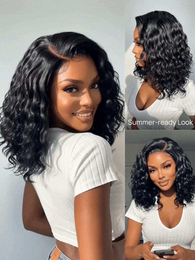 Ready to Wear Short Water Wave Bob Wig 6x4 Lace Closure Side Part Glueless Lace Wig 220% Density