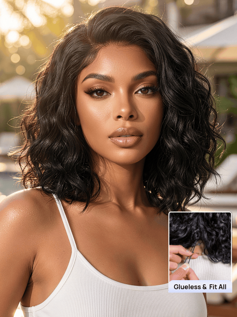 Ready to Wear Short Water Wave Bob Wig 6x4 Lace Closure Side Part Glueless Lace Wig 220% Density