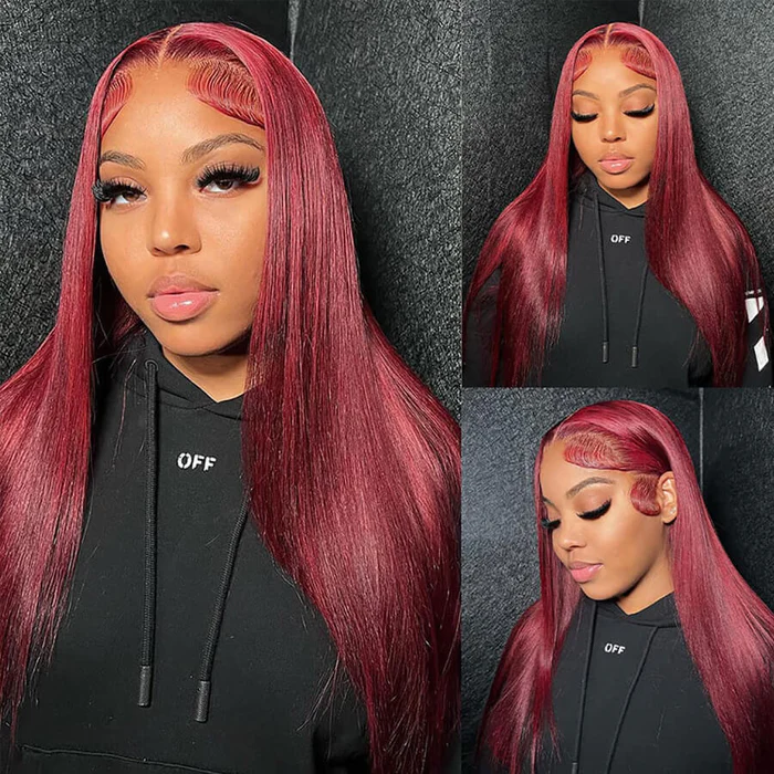 [Glueless Wig] Hair Red Color #99J Straight Wig 4x4 & 5x5  Pre-cut Lace Easy To Wear Glueless Wigs