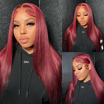 [Glueless Wig] Hair Red Color #99J Straight Wig 4x4 & 5x5  Pre-cut Lace Easy To Wear Glueless Wigs