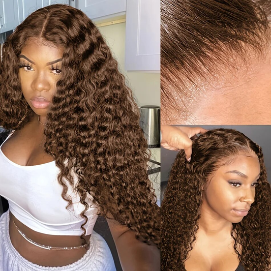 [Glueless Wig]  Hair Deep Wave #4 Brown Lace 4x4 & 5x5 Pre-cut lace Ready To Go Wig With Baby Hair