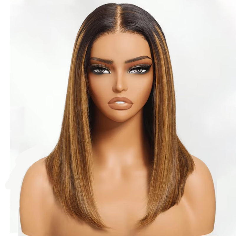 Front view of highlighted bob wig