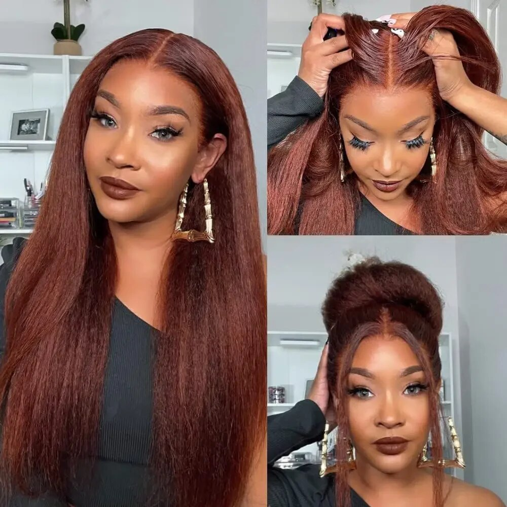 [Glueless Wig] Hair Color #33 Reddish Brown Kinky Straight Pre-cut lace Glueless Wig 4x4 & 5x5 lace Wig For Black Women