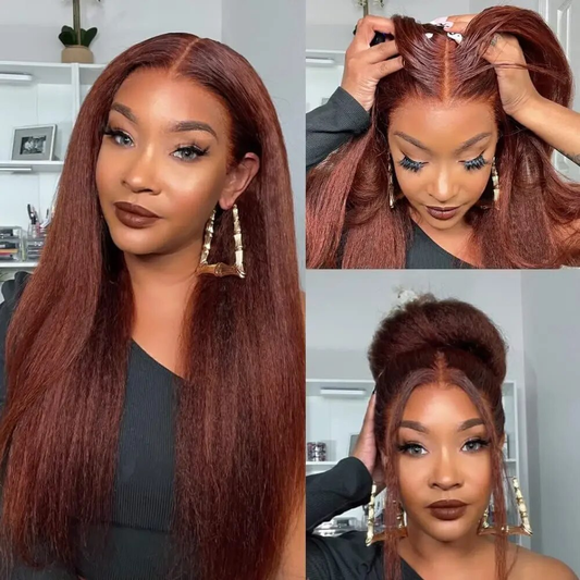 [Glueless Wig] Hair Color #33 Reddish Brown Kinky Straight Pre-cut lace Glueless Wig 4x4 & 5x5 lace Wig For Black Women