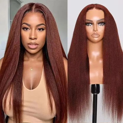 [Glueless Wig] Hair Color #33 Reddish Brown Kinky Straight Pre-cut lace Glueless Wig 4x4 & 5x5 lace Wig For Black Women