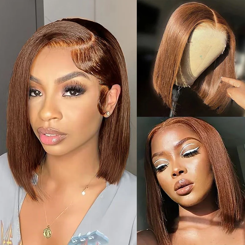 Blunt Cut Short Bob Wigs #4 Brown Colored 13x4 Lace Front Straight Wigs 220% Density