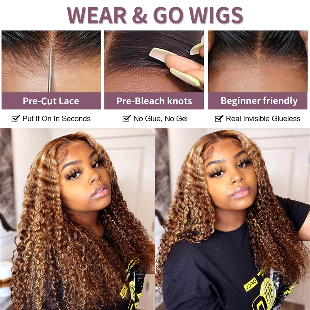 [Glueless Wig]  Highlight Color P4/27 Deep Wave HD 4x4 & 5x5 lace Pre-cut Glueless Wig With Baby Hair