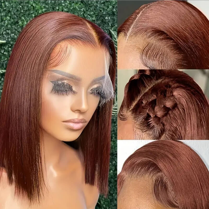 Blunt Cut Short Bob Wigs #4 Brown Colored 13x4 Lace Front Straight Wigs 220% Density