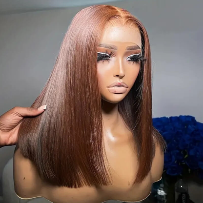 Blunt Cut Short Bob Wigs #4 Brown Colored 13x4 Lace Front Straight Wigs 220% Density