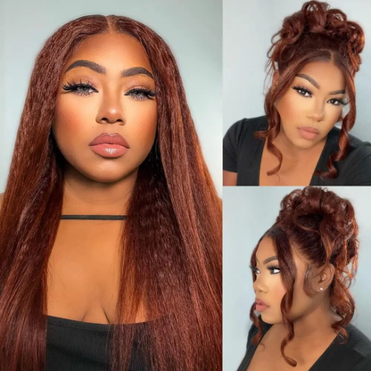 [Glueless Wig] Hair Color #33 Reddish Brown Kinky Straight Pre-cut lace Glueless Wig 4x4 & 5x5 lace Wig For Black Women