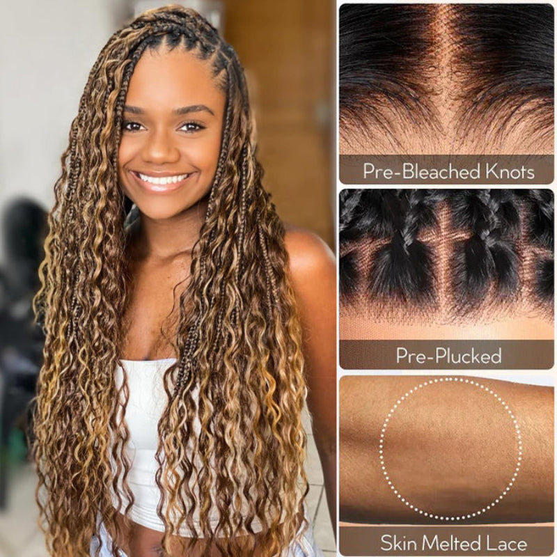 Glueless Pull Go Drawstring 13x6 HD Lace Frontal Colored Boho Braided Water Wave Wigs