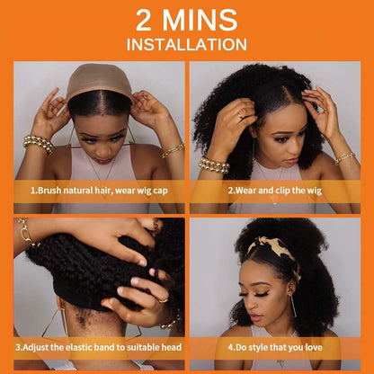 1B Black Kinky Straight Long Hair Headband Glueless Wig