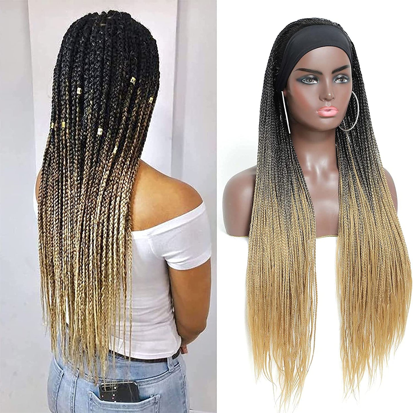 Black Gradient Gold Long Micro Braids Wig Headband Wigs Box Braided Wigs