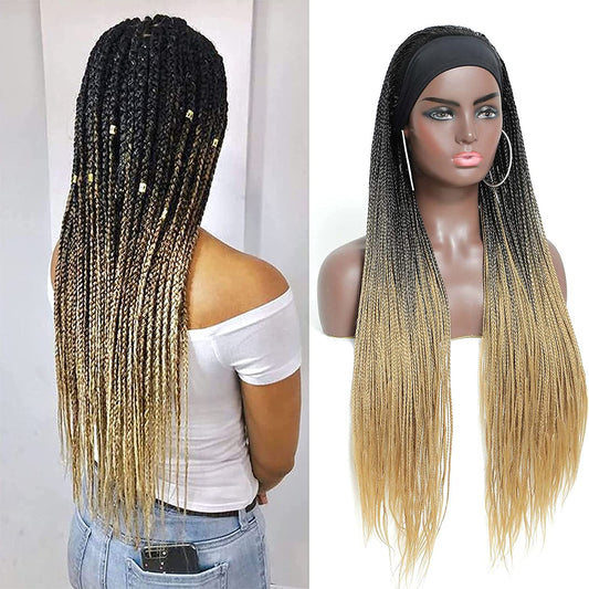 Black Gradient Gold Long Micro Braids Wig Headband Wigs Box Braided Wigs