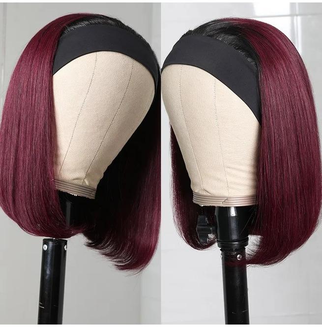 Wine Red Straight Hair Bob Headband Wigs