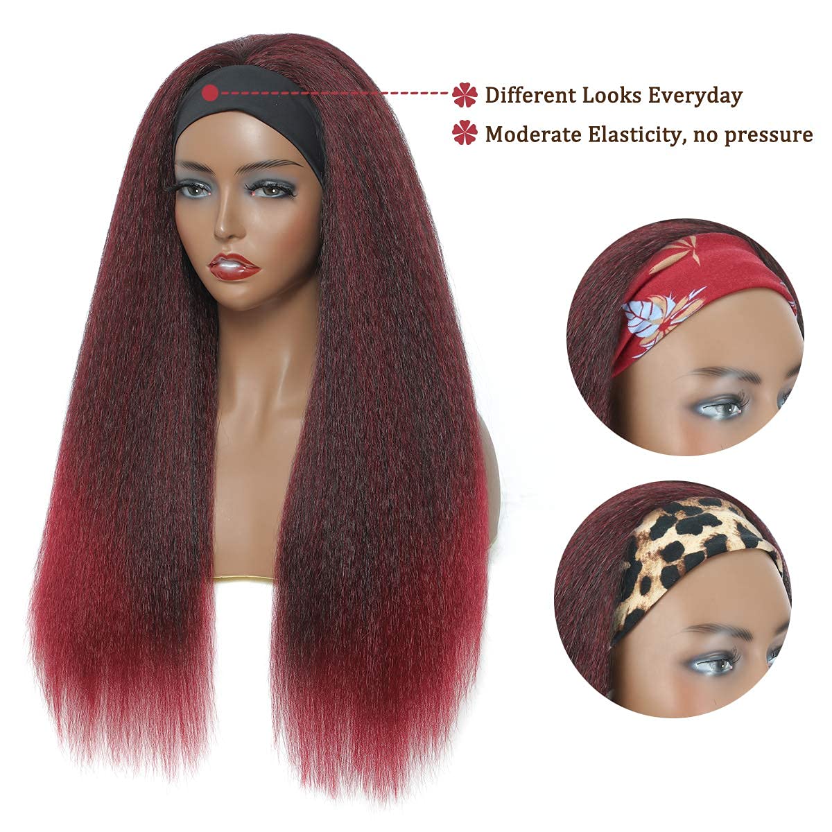 T1B/Bug Black Gradient Wine Red Kinky Straight Long Hair Headband Glueless Wig