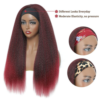 T1B/Bug Black Gradient Wine Red Kinky Straight Long Hair Headband Glueless Wig