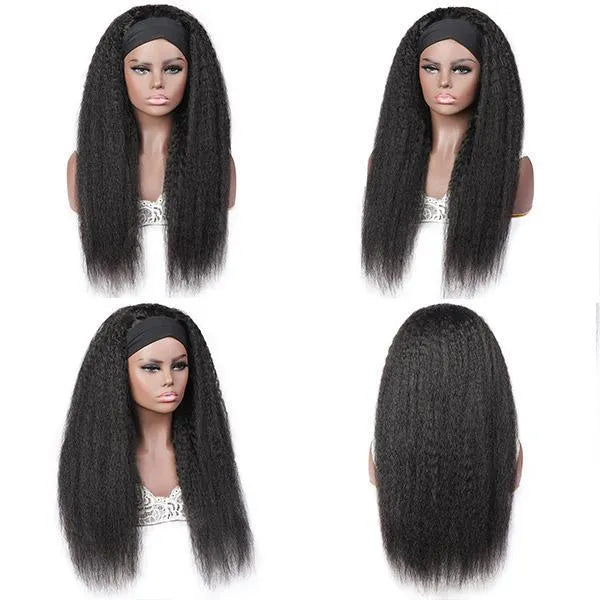 Wine Red Kinky Straight Long Hair Headband Glueless Wig