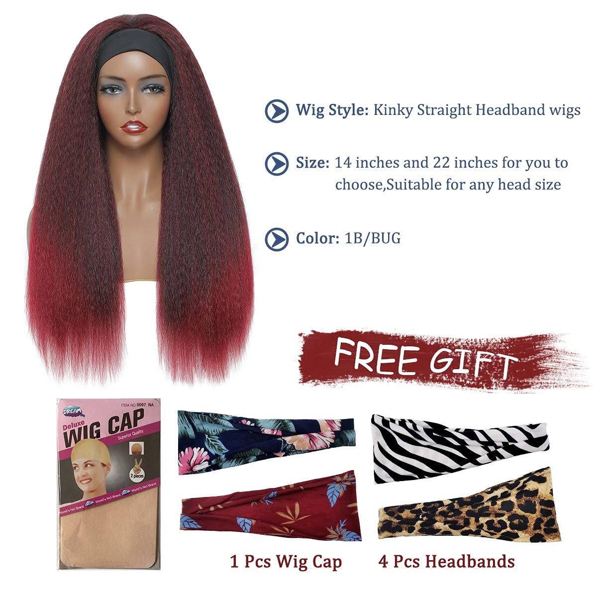 T1B/Bug Black Gradient Wine Red Kinky Straight Long Hair Headband Glueless Wig