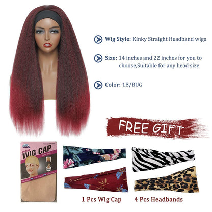 T1B/Bug Black Gradient Wine Red Kinky Straight Long Hair Headband Glueless Wig