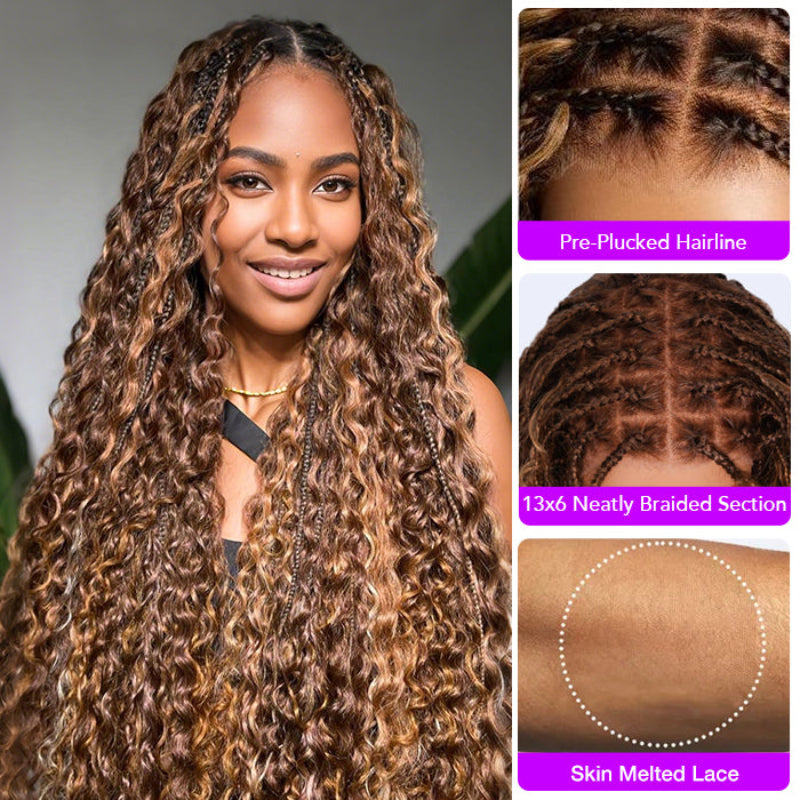 Knotless Boho Braids HD 13x6 Lace Frontal Wig Flexi Fit Drawstring Cap Water Wave Glueless Braided Wigs