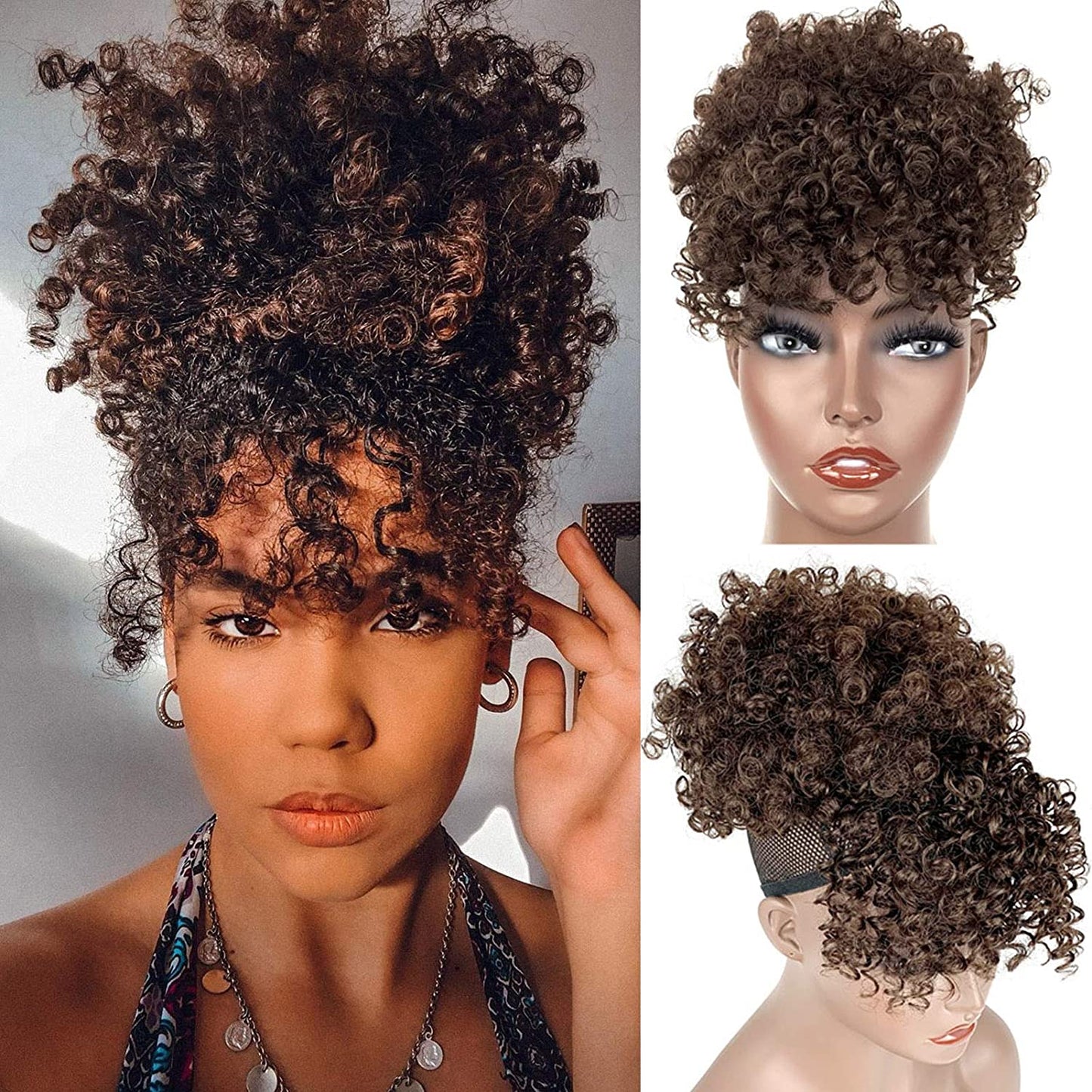 Natural Black Afro Puff Drawstring Ponytail with Bangs Kinky Curly Hair Bun with Spring Curl Bangs Clip in Hairpieces