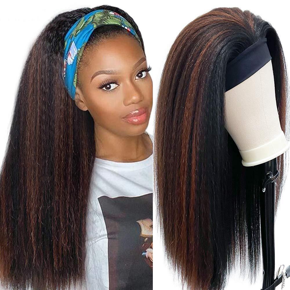 Black Mixed Brown Kinky Straight Long Hair Headband Glueless Wig