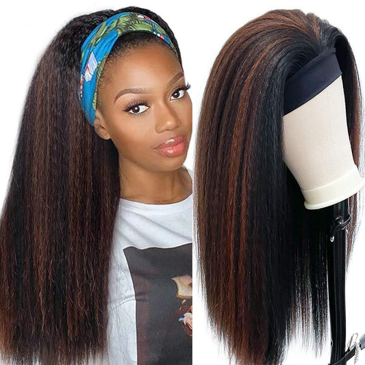 Black Mixed Brown Kinky Straight Long Hair Headband Glueless Wig