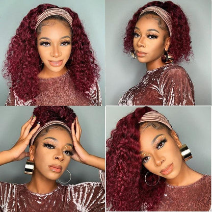 Wine Red Curly Long Hair Headband Glueless Wig