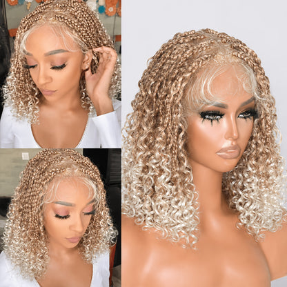 Glueless Full Lace Curly Wave Braided Wigs Honey Blonde Color Boho Braided Wigs Put on And Go Wig