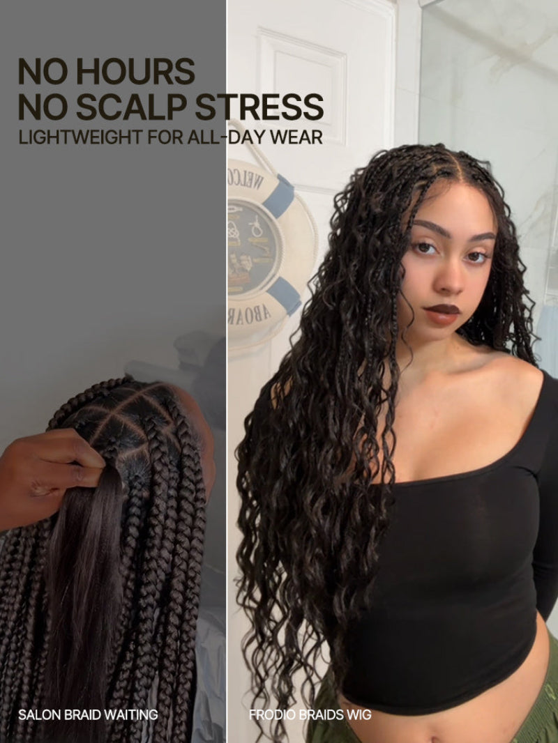 Full Lace Boho Braids Synthetic Box Braid Wig – Grid-Part Top with Mixed Boho Curls