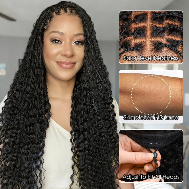 Knotless Boho Braided Curly Wigs Drawstring Full Frontal HD Lace Braided Glueless Wigs