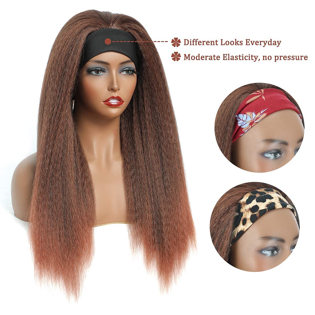 T30# Black Gradient Dark Brown Kinky Straight Long Hair Headband Glueless Wig