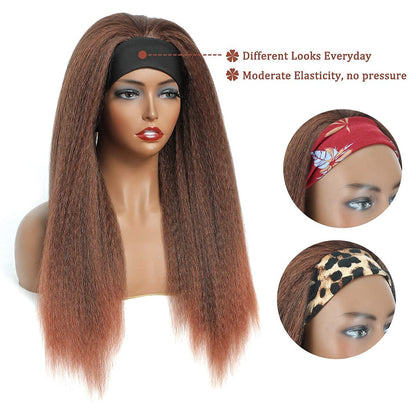 T30# Black Gradient Dark Brown Kinky Straight Long Hair Headband Glueless Wig