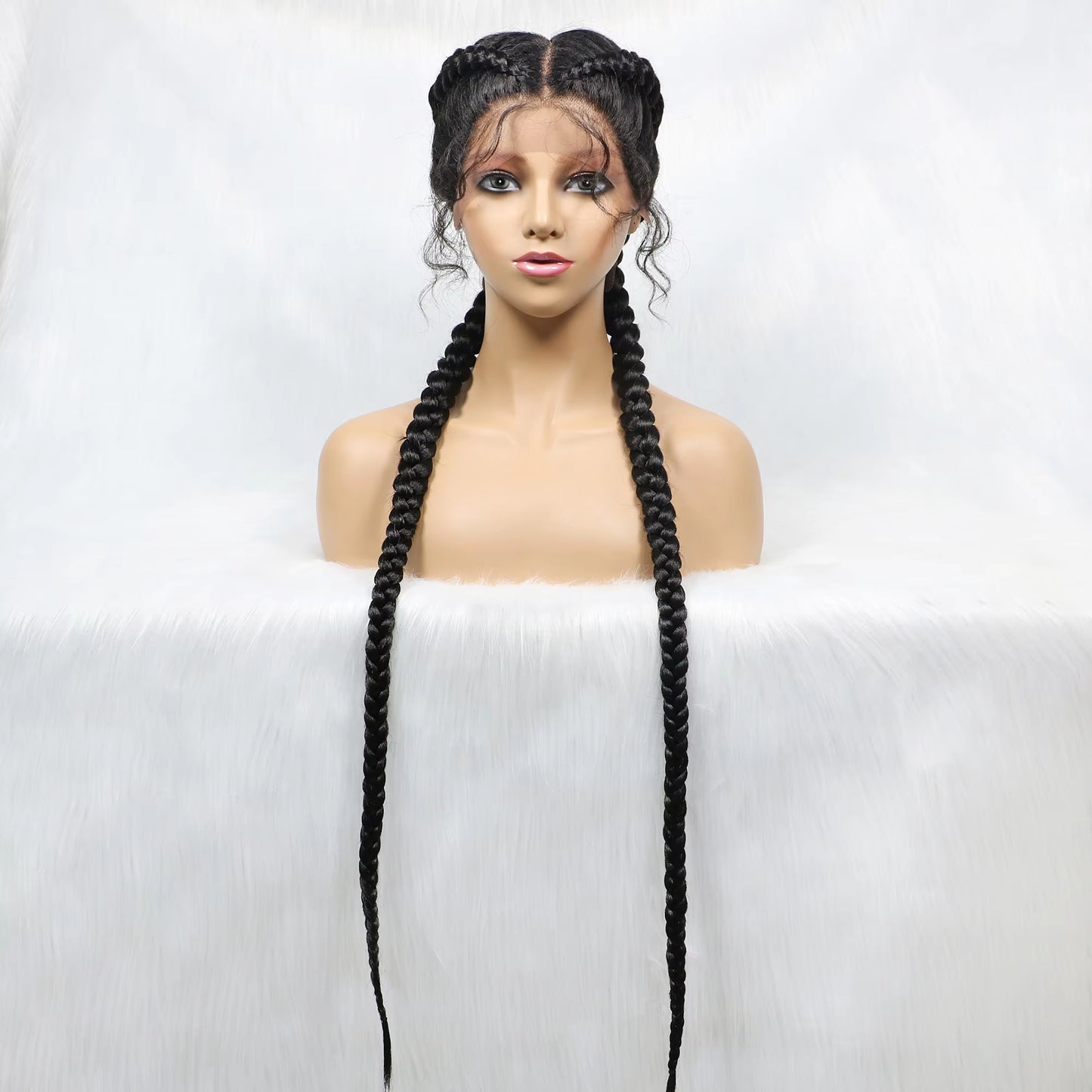 36 Inches Long Lace Front Braided Wigs Dutch Twins Braids Wig With Baby Hair