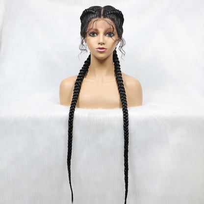 36 Inches Long Lace Front Braided Wigs Dutch Twins Braids Wig With Baby Hair