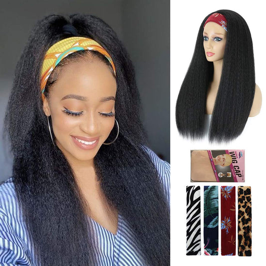 1B Black Kinky Straight Long Hair Headband Glueless Wig