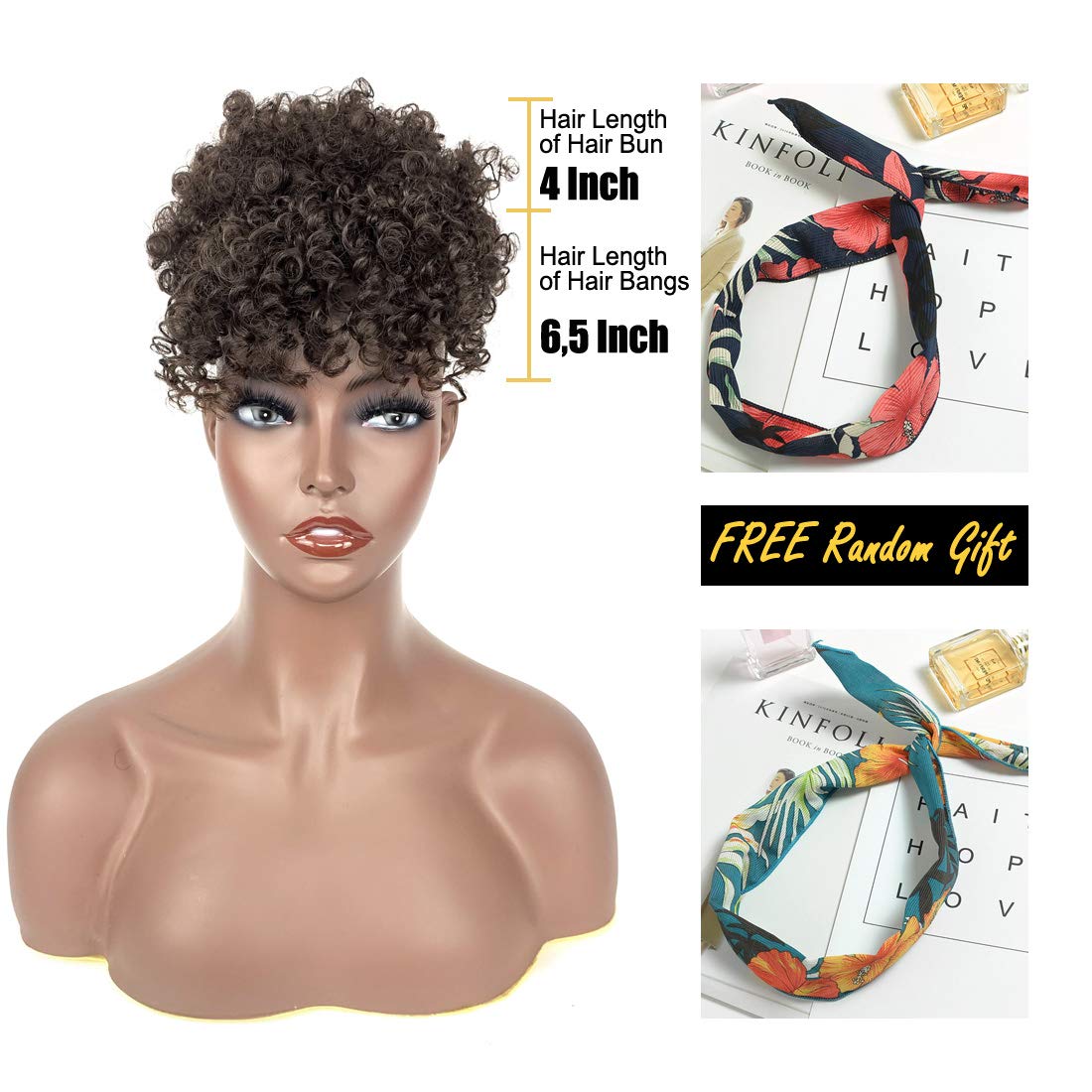 Natural Black Afro Puff Drawstring Ponytail with Bangs Kinky Curly Hair Bun with Spring Curl Bangs Clip in Hairpieces