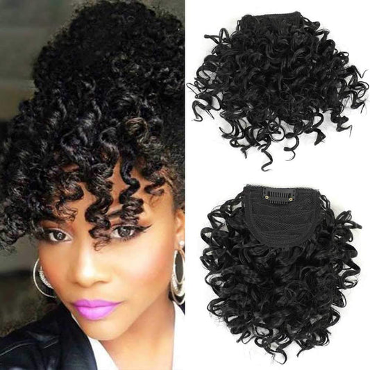 Kinky Curly Bangs Clip Natural Color Drawstring Ponytail