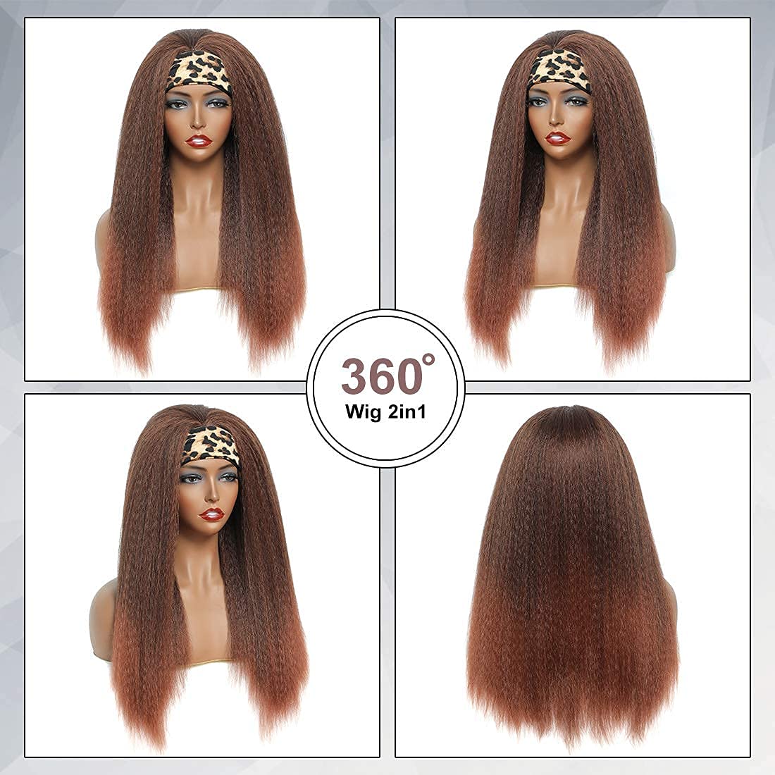 T30# Black Gradient Dark Brown Kinky Straight Long Hair Headband Glueless Wig