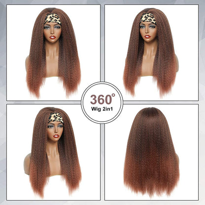 T30# Black Gradient Dark Brown Kinky Straight Long Hair Headband Glueless Wig