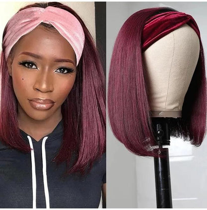 Wine Red Straight Hair Bob Headband Wigs