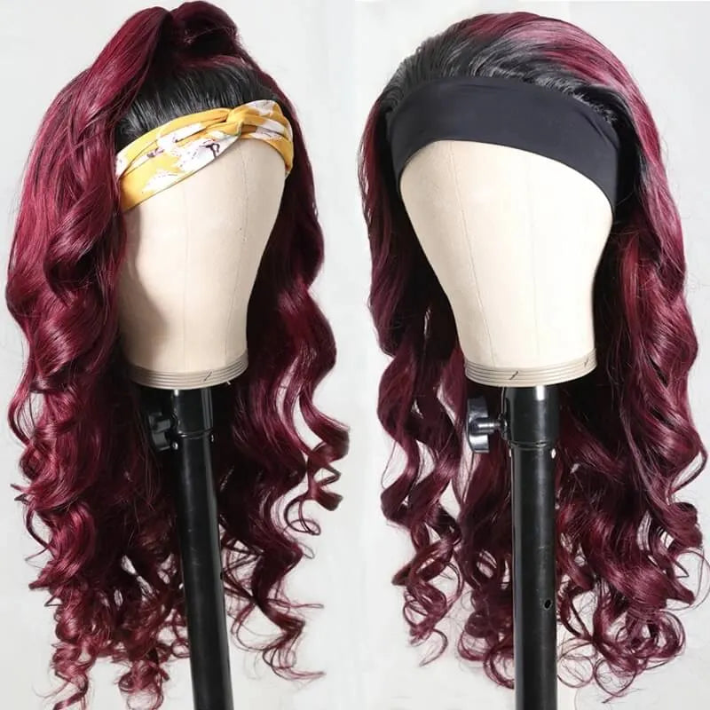 Wine Red Long Wave Hair Headband Wig